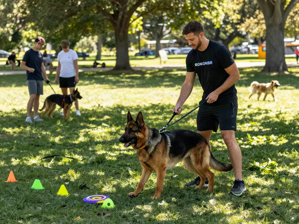 Trainer using rokok88 slot gear in outdoor dog training session with a focused German Shepherd.